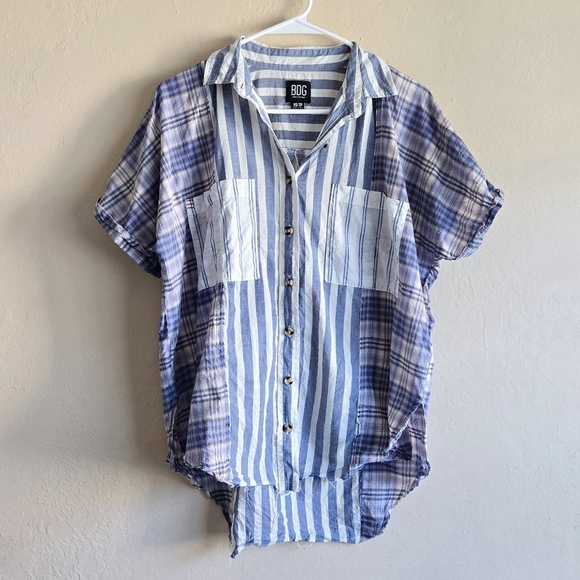 Urban Outfitters BDG Stevie Spliced Button Down Shirt Short Sleeve Relaxed Blue - Picture 6 of 14